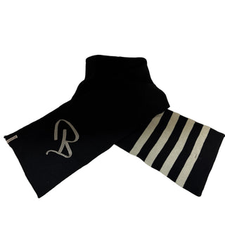 Black knit scarf with gray Kabooki logo on left end and tan striped ribbed section on right end.