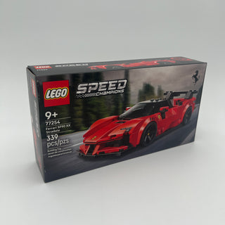 LEGO Speed Champions set 77254 featuring red Ferrari SF90 XX Stradale sports car model, 339 pieces, ages 9+.