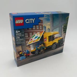 LEGO City set 60500 box featuring yellow van with colorful artwork and minifigure on urban backdrop.