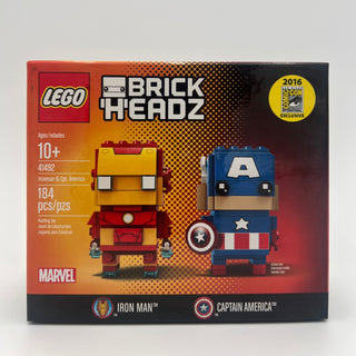 LEGO Brickheadz set containing buildable Iron Man and Captain America figures with 184 pieces, Comic-Con 2016 exclusive.