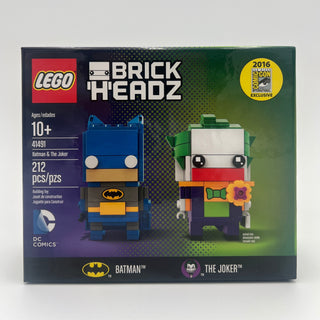LEGO BrickHeadz Batman and Joker minifigure set with Comic-Con 2016 exclusive badge on packaging.