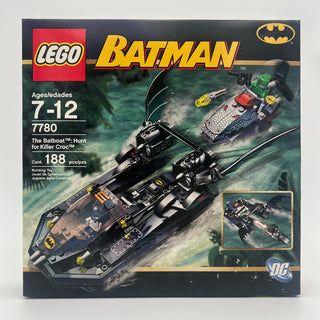 LEGO Batman set 7780 box showing black Batboat with yellow accents and included minifigures.