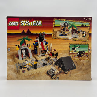 LEGO System set 5978 box showing Egyptian temple structure with minifigures, palm tree, and desert accessories.
