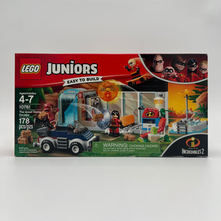 LEGO Juniors The Great Home Escape set box showing Incredibles 2 characters, building scene with vehicle, and 178 pieces.