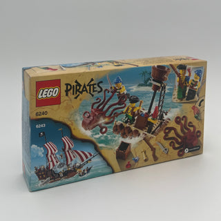 LEGO Pirates set 6240 box featuring pirate ship with red sails, kraken tentacles, and minifigures on beach scene.