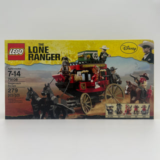 LEGO The Lone Ranger Stagecoach Escape set box with red stagecoach, black horses, minifigures, and desert background.
