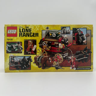 LEGO The Lone Ranger Stagecoach Escape set box 79108 featuring a red stagecoach, horses, minifigures, and accessories on yell
