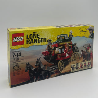 LEGO The Lone Ranger Stagecoach Escape set 79108 box with red stagecoach, black horses, and minifigures.