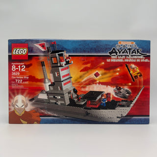 LEGO Fire Nation Ship set 3829 box featuring assembled gray and red vessel with tower, minifigures, and accessories.