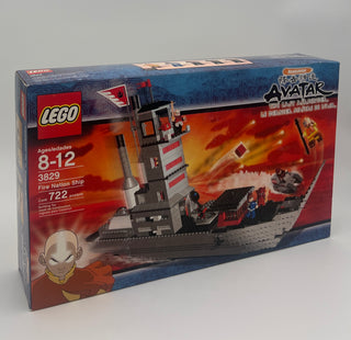 LEGO Fire Nation Ship set 3829 box showing assembled red and black vessel with minifigure and flames background.