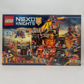 LEGO Nexo Knights set 70323 box featuring a multi-level volcano fortress with red and black pieces, minifigures, and yellow h
