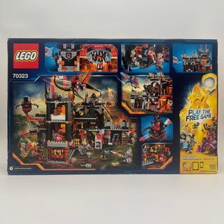 LEGO Nexo Knight set 70323 box showing volcano lair structure with red and black bricks, minifigures, and game promotion.