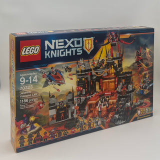 LEGO Nexo Knights set 70323 box showing volcano lair structure with red and black castle, flying vehicle, and minifigures.