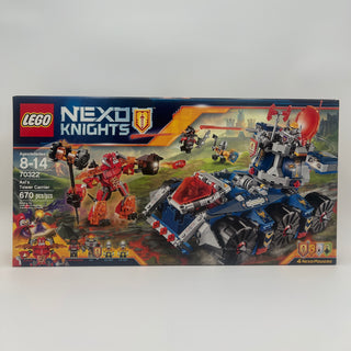 LEGO Nexo Knights Axl's Tower Carrier set 70322 box featuring red and blue vehicle with minifigures and castle scenery.