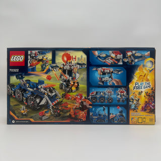 LEGO Nexo Knights set 70322 box showing assembled tower carrier vehicle with red and black pieces and minifigures.