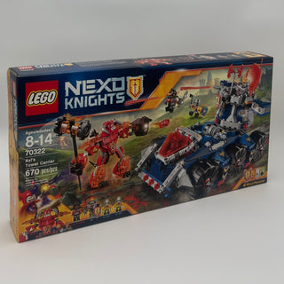 LEGO Nexo Knights set 70322 box showing red armored mech, blue vehicle, and minifigures on battlefield backdrop.