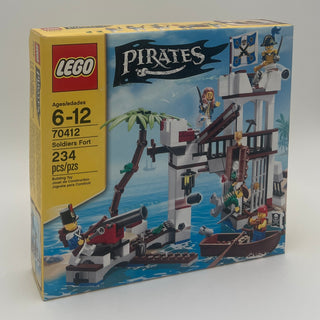 LEGO Pirates Soldiers Fort set 70412 box showing coastal fortress with cannons, watchtower, and minifigures.