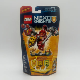 LEGO Nexo Knights Ultimate Macy minifigure set 70331 with red armor, shield, and weapon accessories.