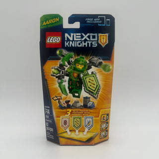 LEGO Nexo Knights Ultimate Aaron minifigure in green armor with shield and weapons on package.