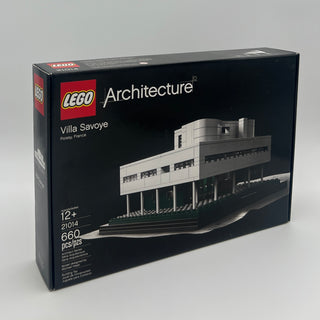 LEGO Architecture Villa Savoye set box featuring modernist building model with white and gray brick construction and supporti