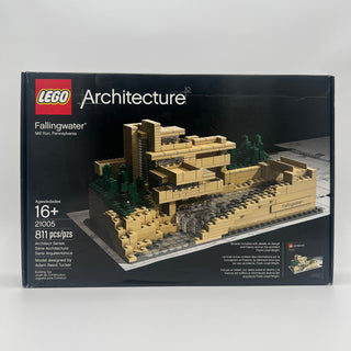 LEGO Architecture set 21005 depicting Fallingwater house with tan and dark green bricks on display base.
