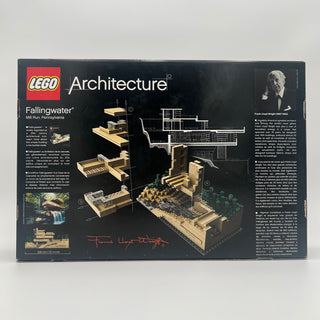 LEGO Architecture box for Fallingwater set 21005, showing tan brick model of the modernist house with cascading levels and ar