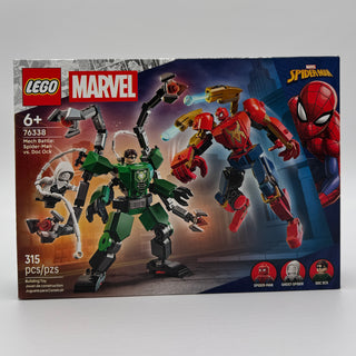 LEGO Marvel set 76338 box displaying red Spider-Man mech and green Doc Ock mech with minifigures and accessories.