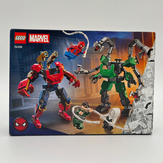 LEGO Marvel set 76338 box showing red Spider-Man mech, green Doc Ock mech, and minifigures in battle scene.