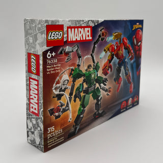 LEGO Marvel set 76338 box showing green Doc Ock mech suit and red Spider-Man mech with articulated limbs.