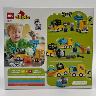 LEGO Duplo set 10475 box showing three yellow construction vehicles with blue and orange parts, minifigures, and building blo