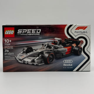 LEGO Speed Champions set 77259 featuring black and white Audi Revolut F1 race car with red accents and minifigure driver.