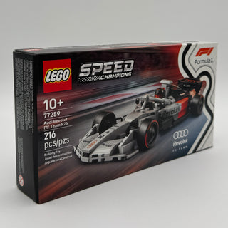 LEGO Speed Champions set box featuring Audi Revolut F1 Team R26 race car with red and white livery, 216 pieces, ages 10+.