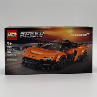LEGO Speed Champions McLaren W1 set box 77257 with orange and black sports car model displayed on front.