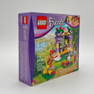 LEGO Friends Andrea's Mountain Hut set 41031 box showing purple and green hut structure with minifigure and accessories.