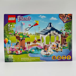 LEGO Friends Heartlake City Park set 41447 box showing pavilion, pond, minifigures, and accessories with 622 pieces.