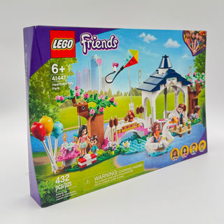 LEGO Friends Heartlake City Park set 41447 box showing park scene with pavilion, minifigures, balloons, and kite.