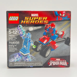 LEGO Marvel Super Heroes Spider-Trike vs. Electro set 76014 with Spider-Man minifigure, Electro figure, and red trike vehicle