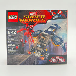 LEGO Marvel Super Heroes set 76036 featuring a blue and black SHIELD aircraft with red Carnage figure on packaging.