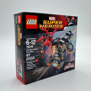 LEGO Marvel Super Heroes Carnage's SHIELD Sky Attack set 76036 box showing ages 6-12 and 97 pieces.