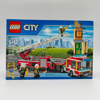 LEGO City Fire Engine 60112 set box showing red fire truck with extending ladder, building structure, and minifigures.