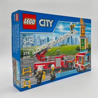 LEGO City Fire Engine set 60112 box showing red fire truck with extendable ladder, fire station building, and minifigures.