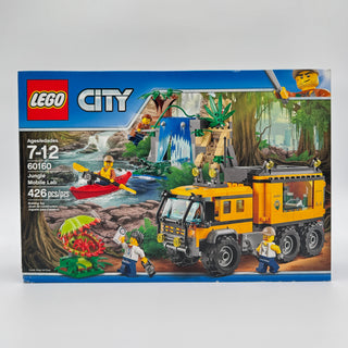 LEGO City Jungle Mobile Lab set box showing orange truck, minifigures, red kayak, and jungle scenery with plants and trees.