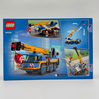 LEGO City Mobile Crane set 60324 box showing blue and orange truck with extendable crane arm and minifigures.