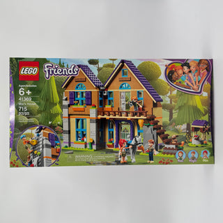 LEGO Friends set 41369 featuring a two-story brown house with purple roof, blue doors and windows, minifigures, and outdoor a