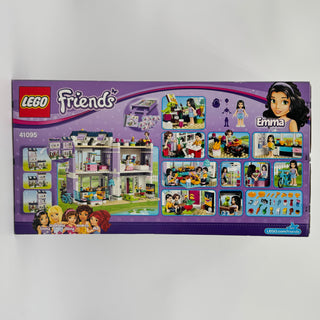 LEGO Friends set 41095 box showing purple multi-story house with minifigures, accessories, and instruction imagery.
