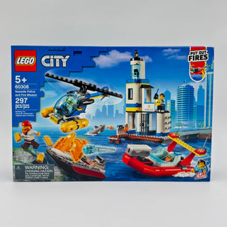 LEGO City Seaside Police and Fire Mission set box showing helicopter, lighthouse tower, rescue boats, and minifigures against
