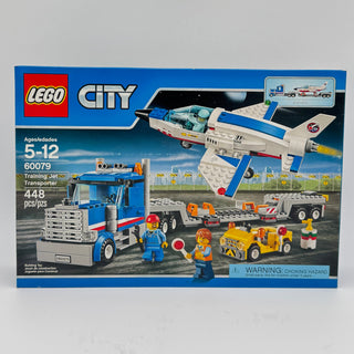 LEGO City Training Jet Transporter set box showing blue and white jet, truck, minifigures, and accessories.