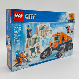 LEGO City Arctic Scout Truck set 60194 box showing orange truck, ice base structure, minifigures, and snow scene.