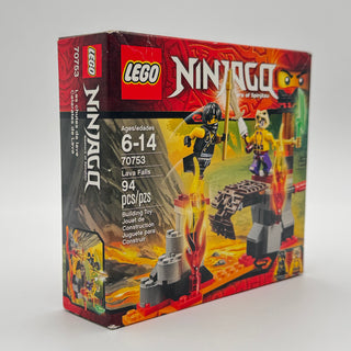 LEGO Ninjago Lava Falls set 70753 box showing ninja minifigure and flame-themed building playset.