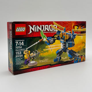 LEGO Ninjago ElectroMech set 70754 box containing 153 pieces with yellow and blue mech figure and minifigures.